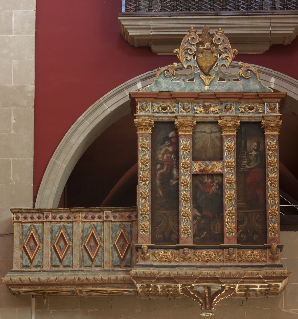 Heiligtum El Miracle. Die Kirche. Innenraum. Die Orgel. Holz polychromierte Konstruktion. Drei Gemälde auf Leinwand. 1593. von Unbekannt