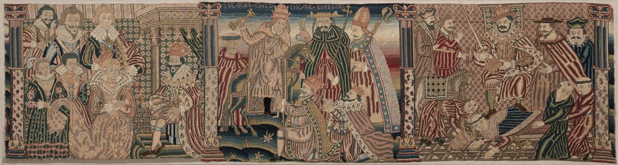 Abschnitt eines bestickten Frieses: Ahasverus und Esther, Der Papst tadelt den Kaiser, 1625-1649 von Unbekannt