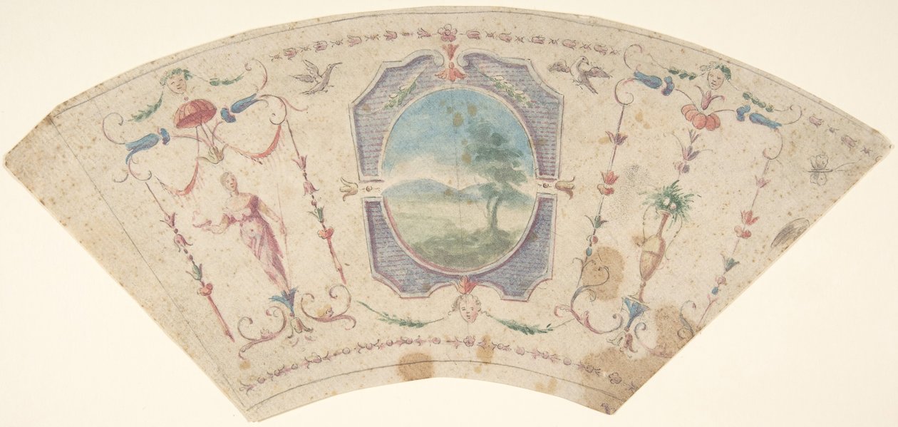 Halbkreisförmiges Design mit Grotesken und einem zentralen Medaillon mit einer Landschaft von Unbekannt