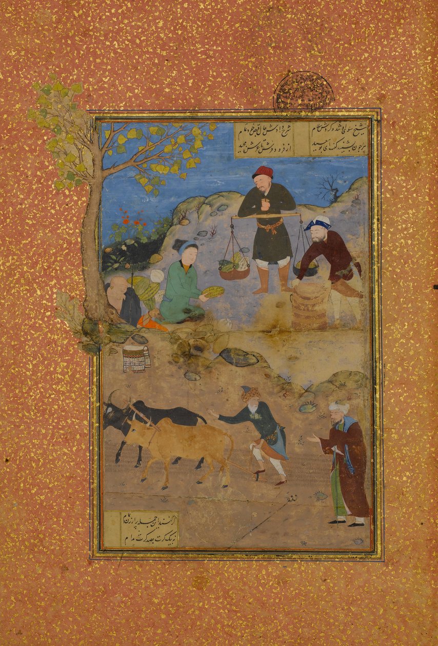 Shaikh Mahneh und der Dorfbewohner, Folio 49r aus einem Mantiq al-tair Sprache der Vögel von Unbekannt