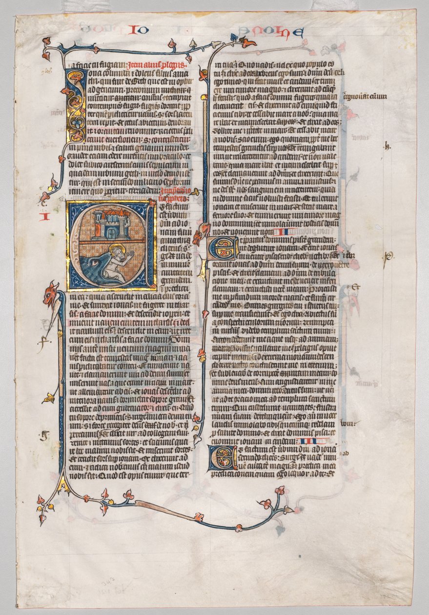 Einzelblatt aus einer Bibel: Initiale E[t factum est] mit Jona, der vom Wal verschlungen wird, um 1290 von Unbekannt