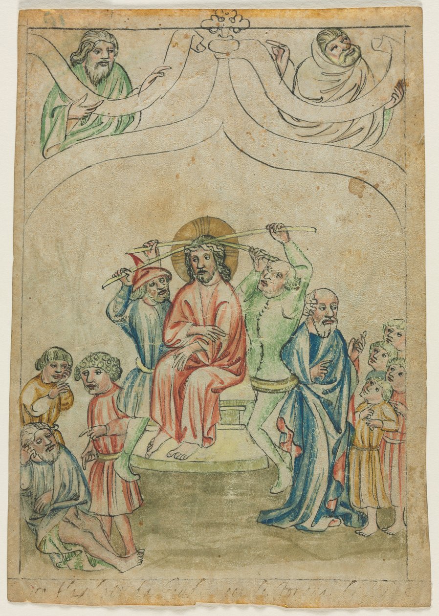 Einzelblatt aus einer Biblia Pauperum: Christus trägt das Kreuz (Rückseite), ca. 1410 von Unbekannt
