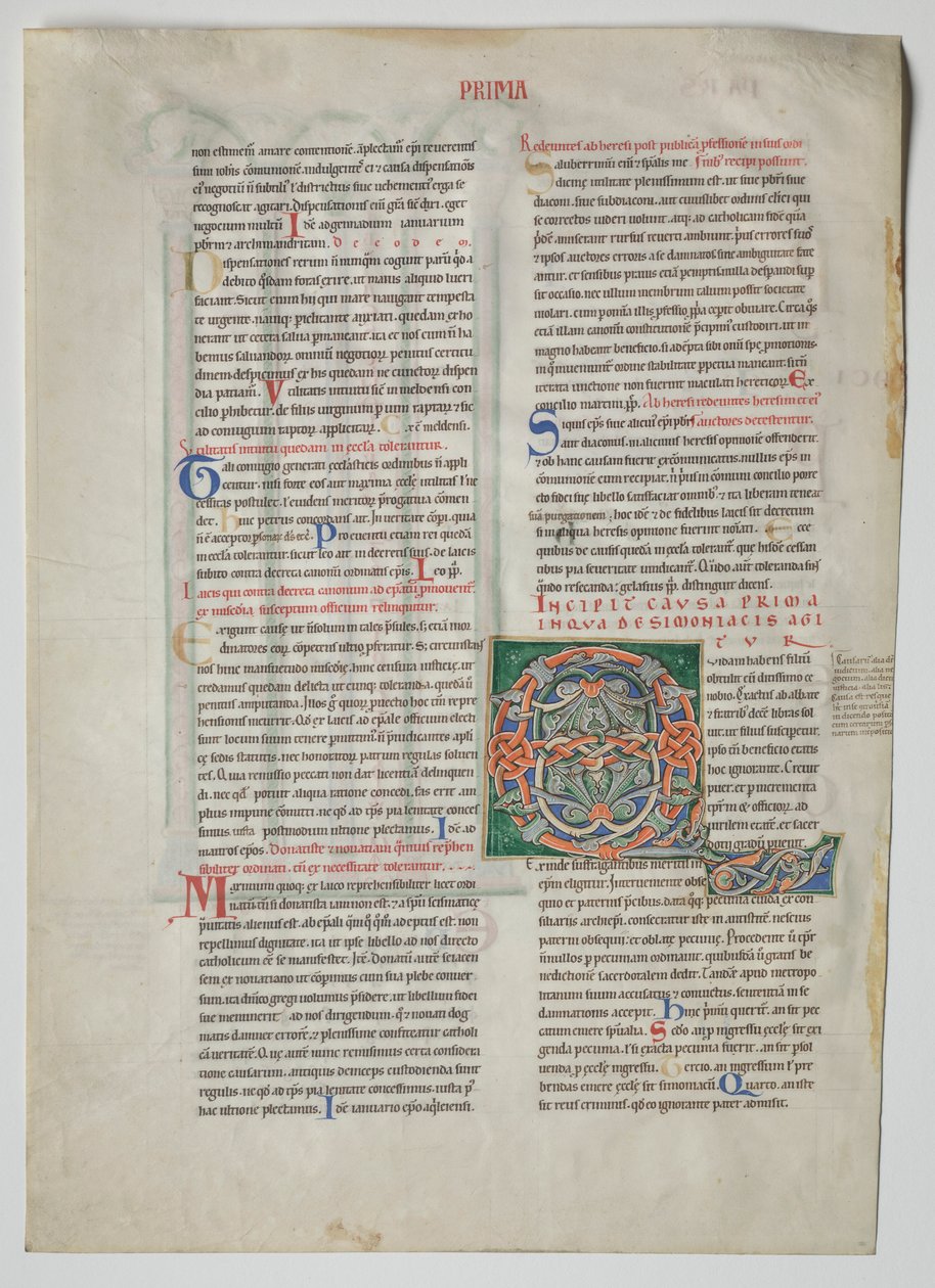 Einzelblatt aus einem Dekret von Gratian: Verzierte Initiale Q[uidam habens filium obtulit], ca. 1160-1165 von Unbekannt