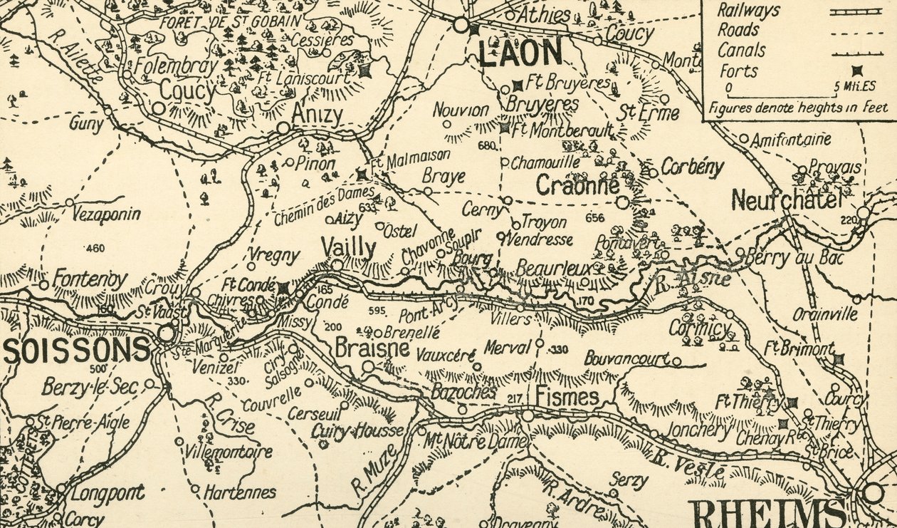 Skizzenkarte des Aisne-Tals oberhalb von Soissons, 1914, ca. 1920 von Unbekannt