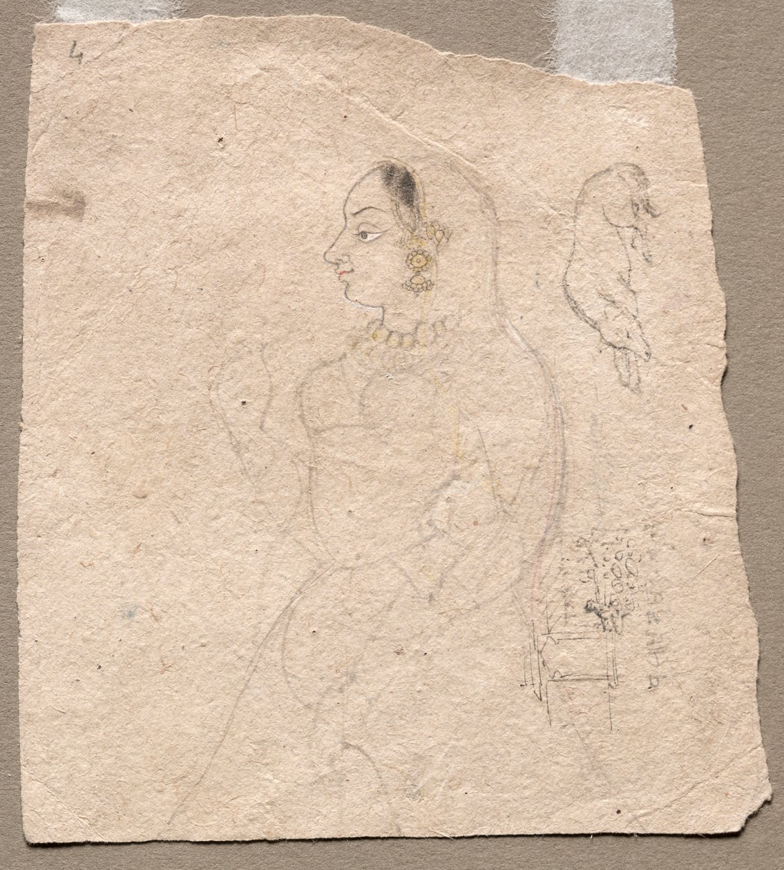 Skizze einer Frau mit einem Elefanten und anderen Tieren auf der Rückseite, 1700er von Unbekannt
