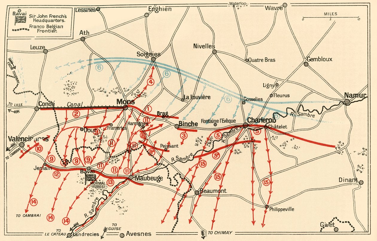 Skizze der Hauptoperationen bei Mons und Charleroi, um 1914 von Unbekannt