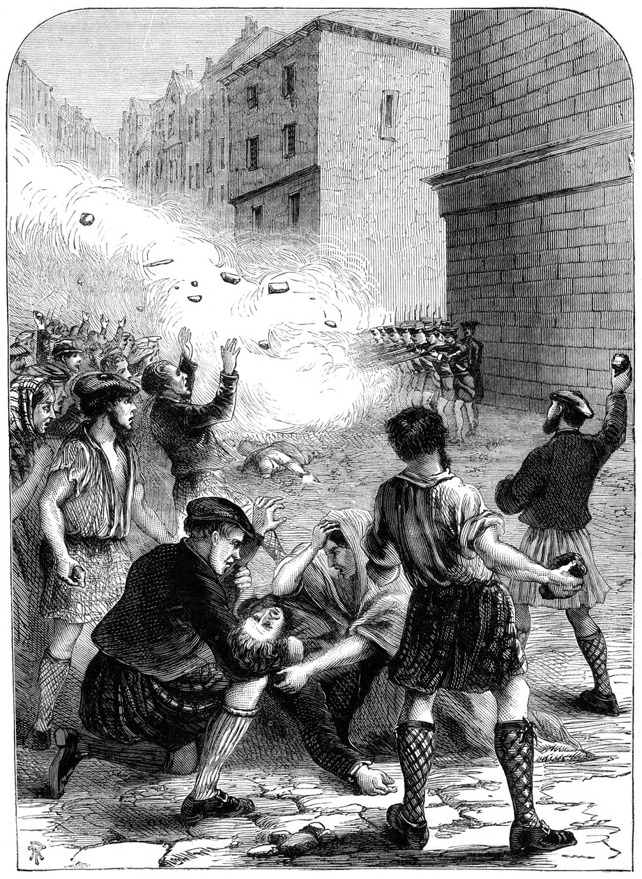 Soldaten schießen auf Aufständische während des Aufstands in Glasgow, 1706, 19. Jahrhundert von Unbekannt