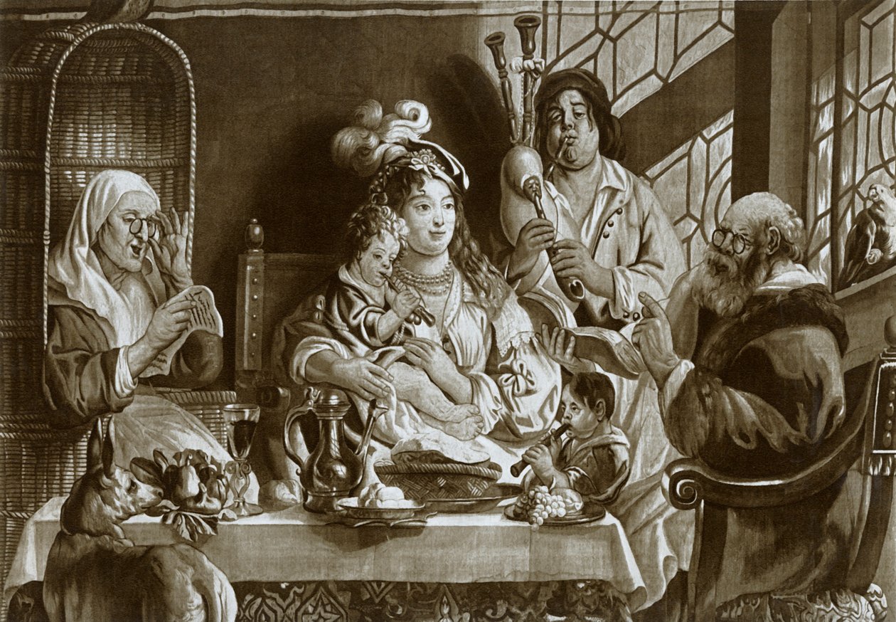 Sopranblockflöten und Dudelsäcke, Brüsseler Gobelin entworfen von Jacobus Jordaens, 1948 von Unbekannt