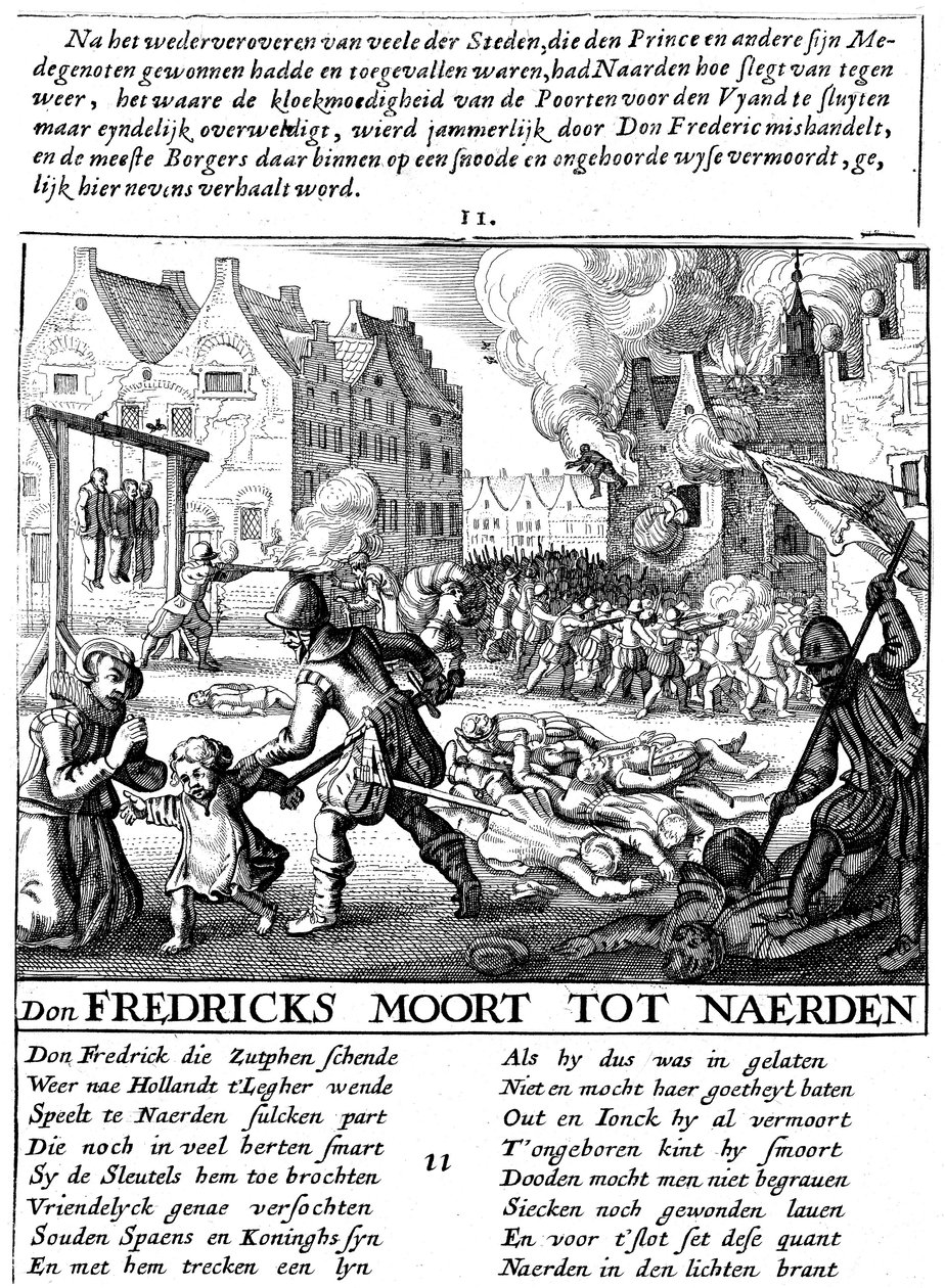 Spanische Truppen zünden Gebäude an und massakrieren während der spanischen Herrschaft in den Niederlanden, 1567-73 von Unbekannt