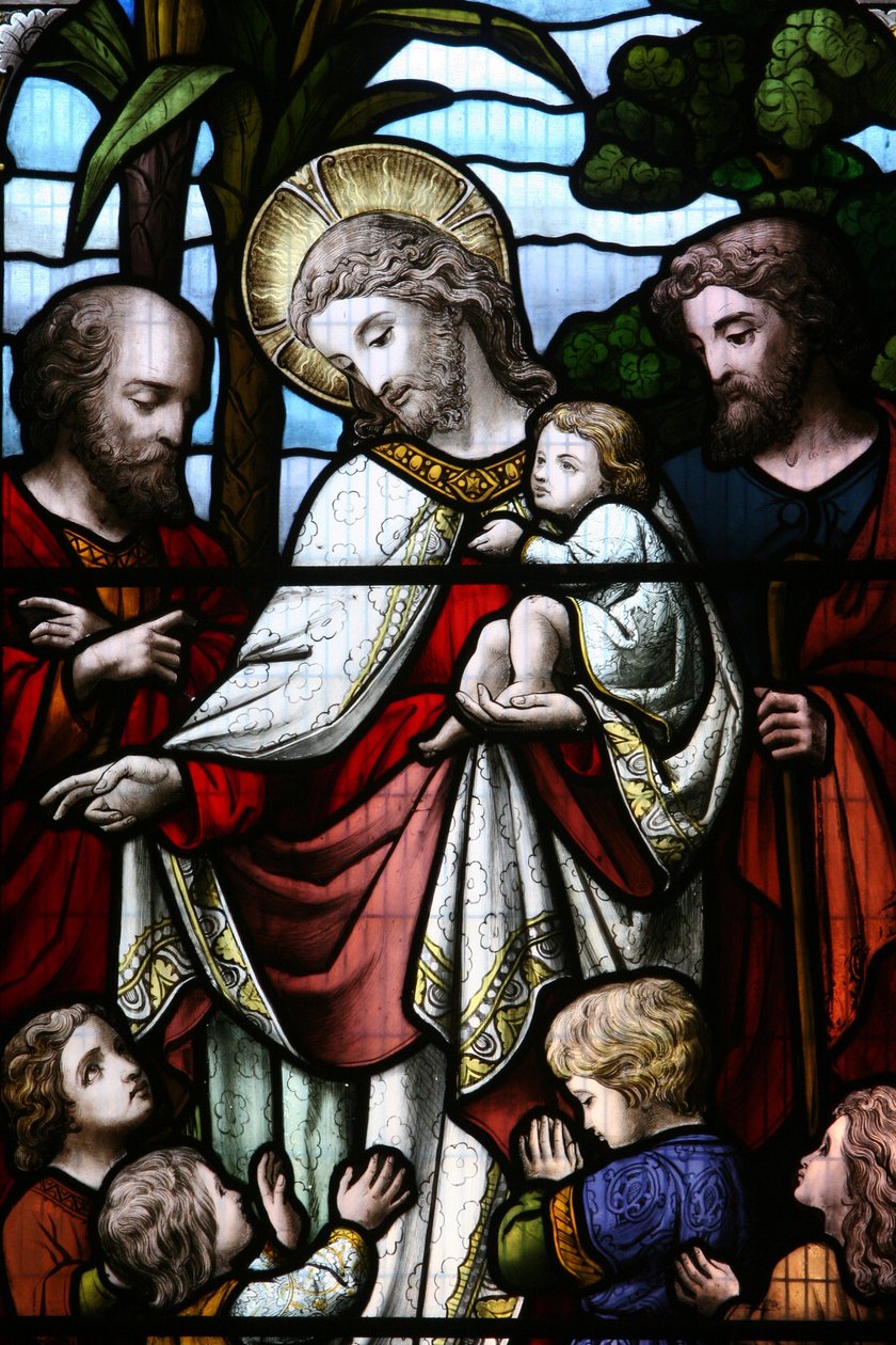 Buntglasfenster, das Jesus zeigt, wie er Kinder willkommen heißt, Billingshurst, Großbritannien von Unbekannt