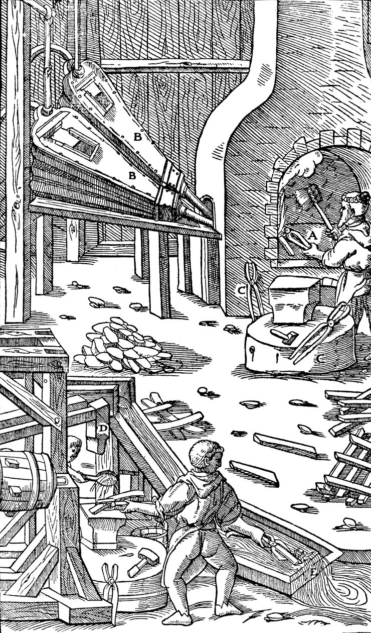 Stahlproduktion: eine Schmiede mit Blasebalg zur Erzeugung von Zugluft, 1556 von Unbekannt
