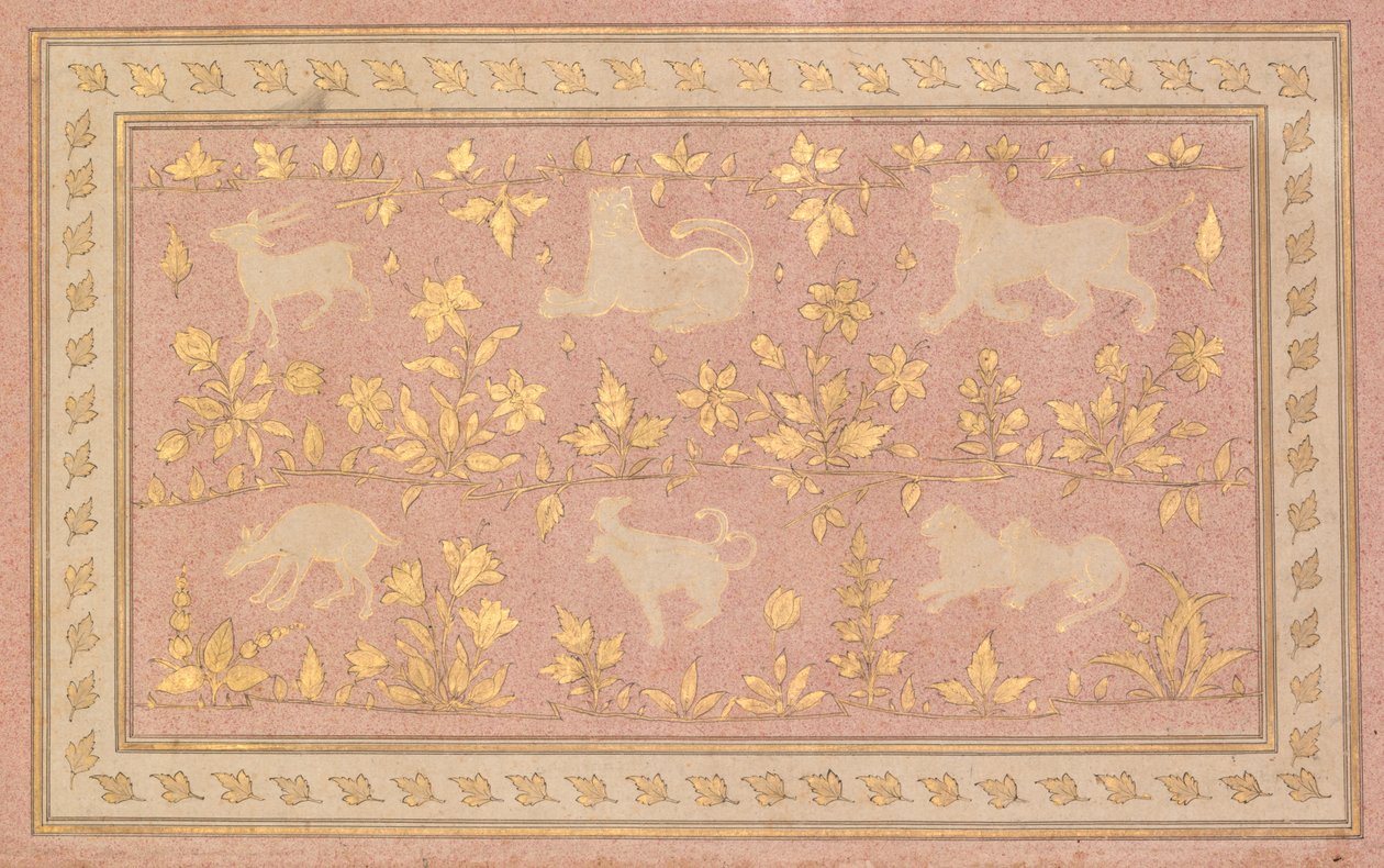 Schablonierte Szenen von Löwe und Gazelle, ca. 1710 von Unbekannt
