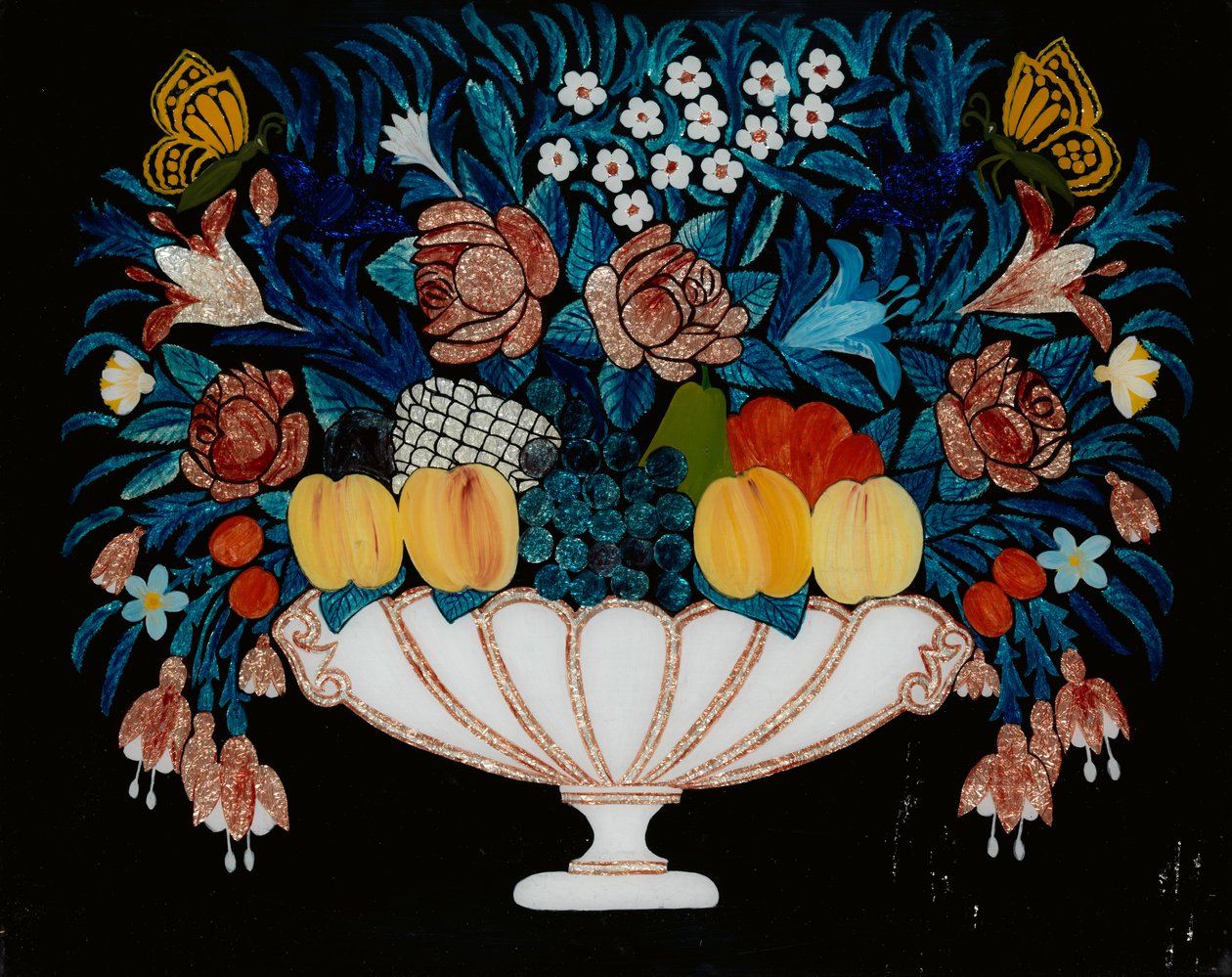 Stillleben - Blumen und Früchte in weißer und rosa Schale von Unbekannt