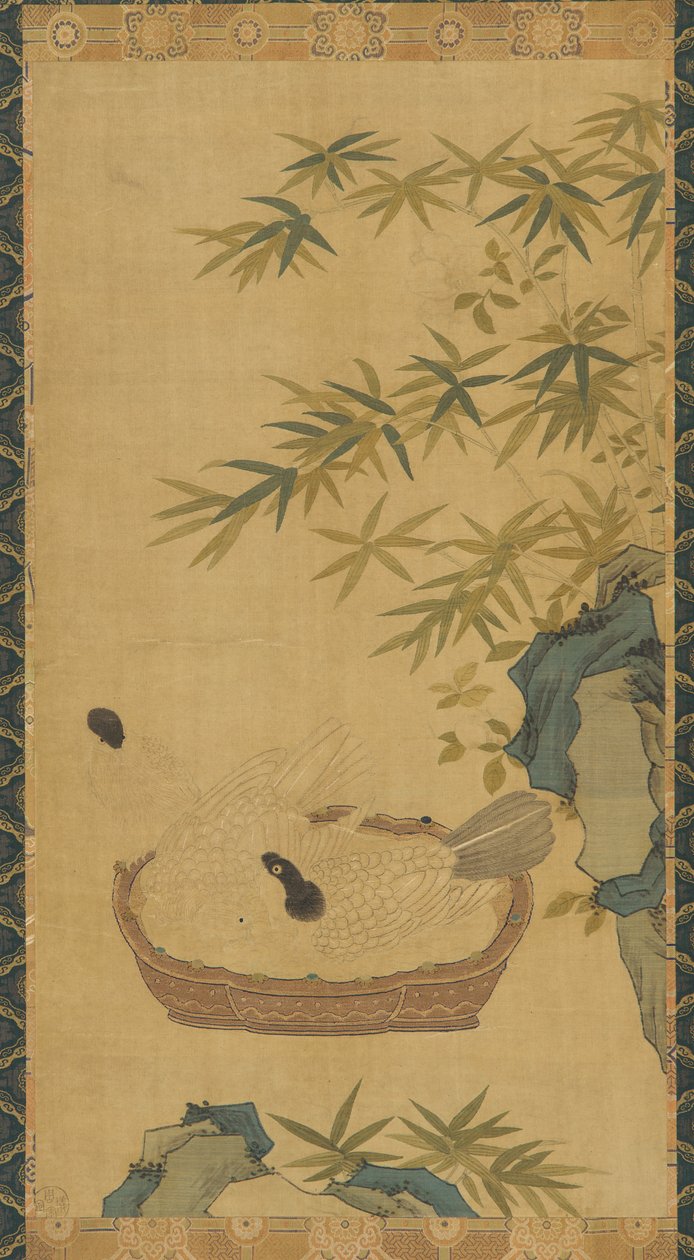 Wandteppich: Tauben baden in einer Schale, Felsen und Bambus, möglicherweise Ming-Dynastie, 1368-1644 von Unbekannt