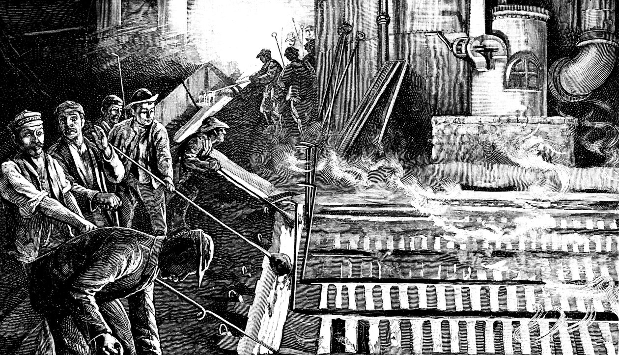 Anzapfen eines Hochofens und Gießen von Eisen in Schweine, um 1900 von Unbekannt