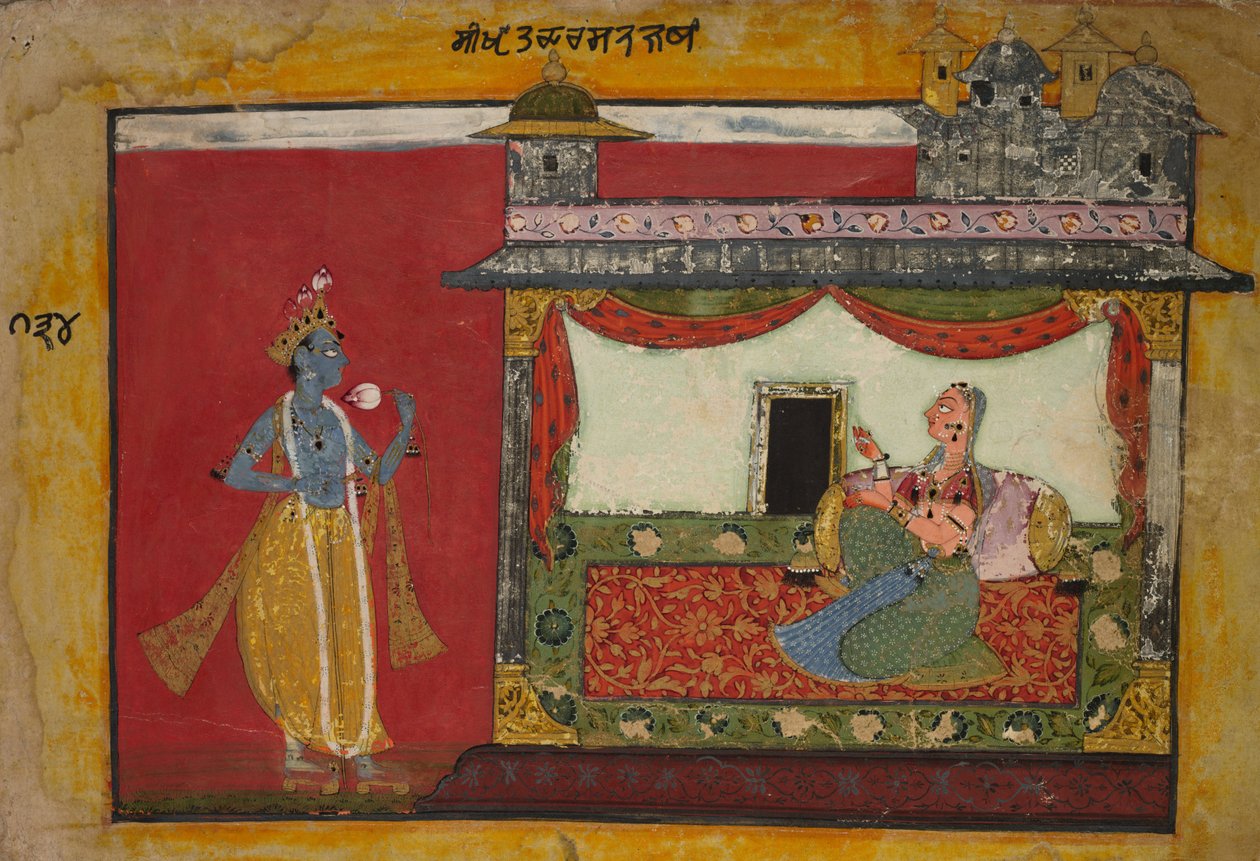 Das Herannahen von Krishna. Seite aus einer Rasamanjari von Unbekannt