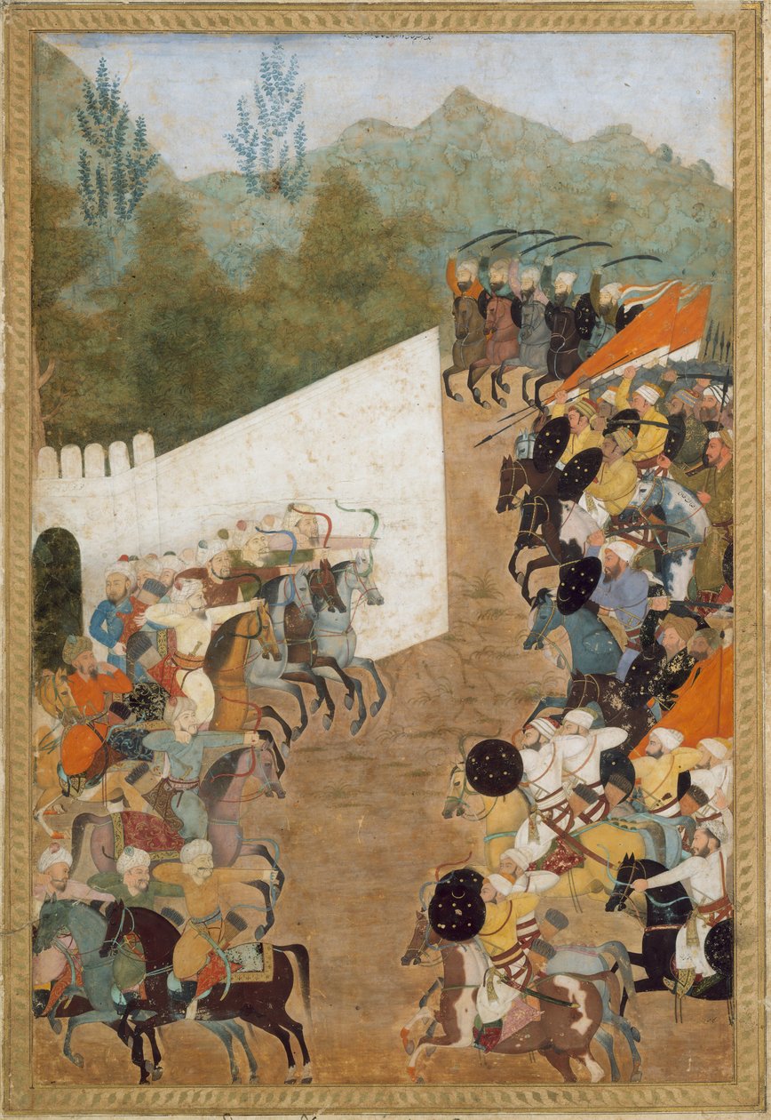 Die Schlacht von Shahbarghan, Folio aus einer Padshahnama-Chronik des Kaisers, 17. Jahrhundert von Unbekannt