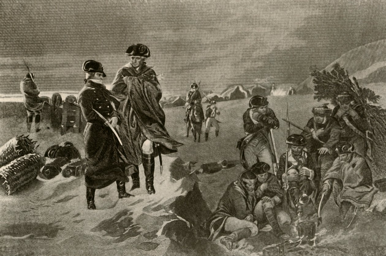 Das Lager in Valley Forge. Offiziersmäntel und niederländische Decken für Soldaten, um 1777, 1937 von Unbekannt