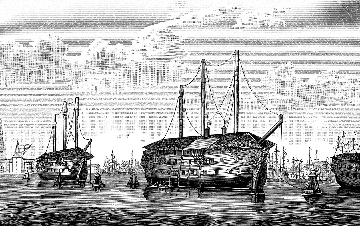 Die dänischen Gefängnisschiffe Dronning Maria und Waldemar in Kopenhagen, 1848-1849 von Unbekannt
