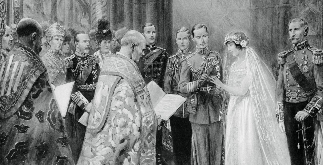 Der Herzog von York steckt Lady Elizabeth Bowes-Lyon den Ring an den Finger, 26. April 1923, 1937 von Unbekannt