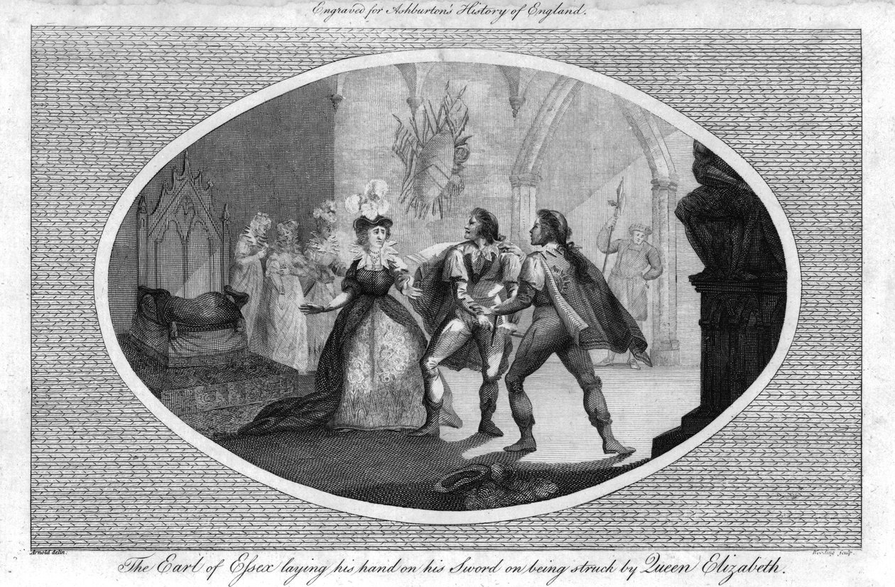 Der Earl of Essex legt seine Hand auf sein Schwert, als er von Königin Elizabeth geschlagen wird von Unbekannt
