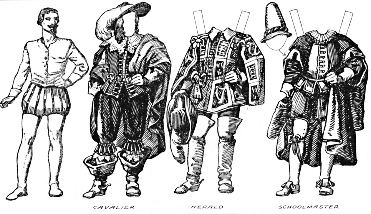 Die Galerie der historischen Kostüme: Einige Kleider von Kavaliers und Rundköpfen, ca. 1934 von Unbekannt