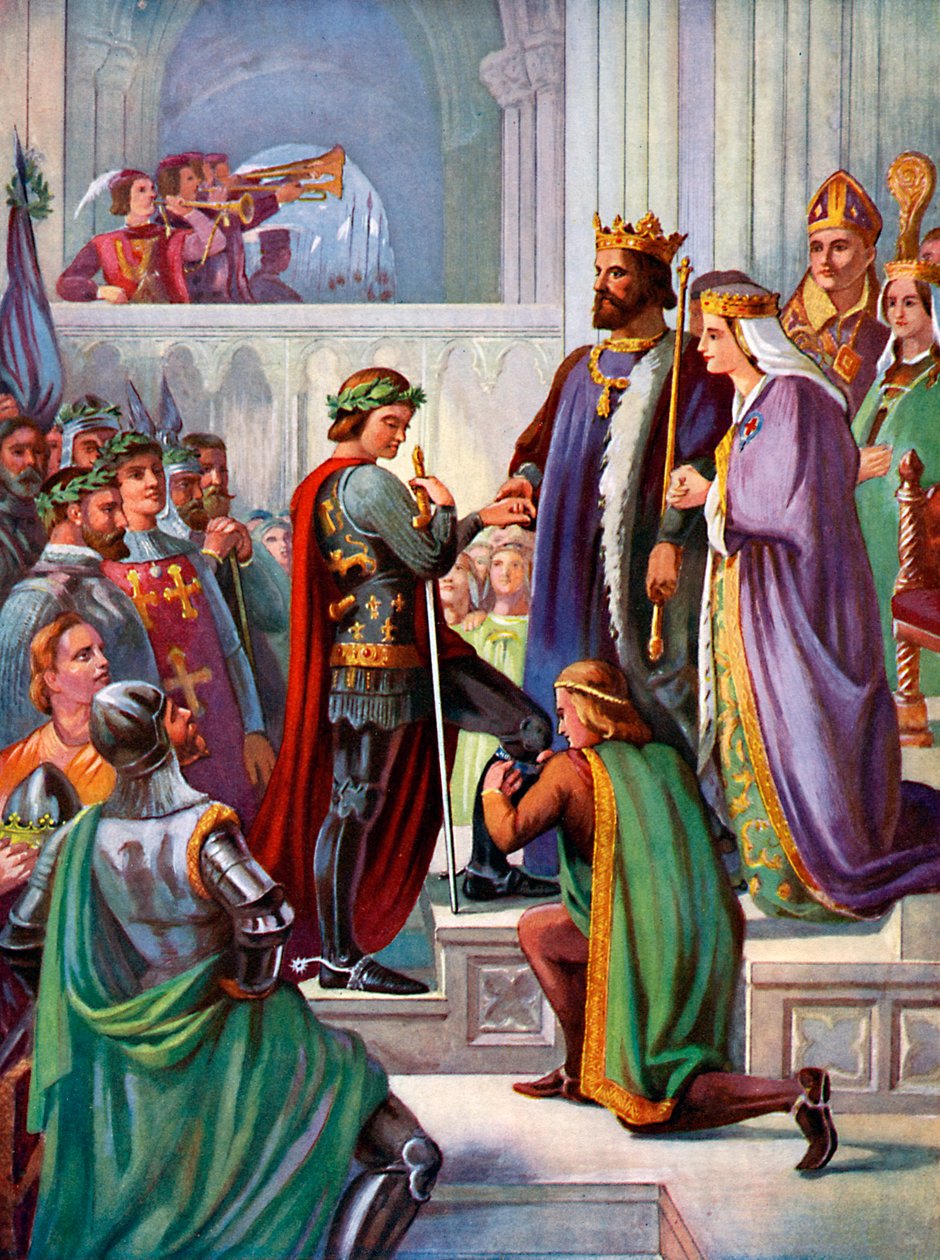 Die Investitur des Schwarzen Prinzen als Ritter des Hosenbandordens, 1348, um 1920 von Unbekannt