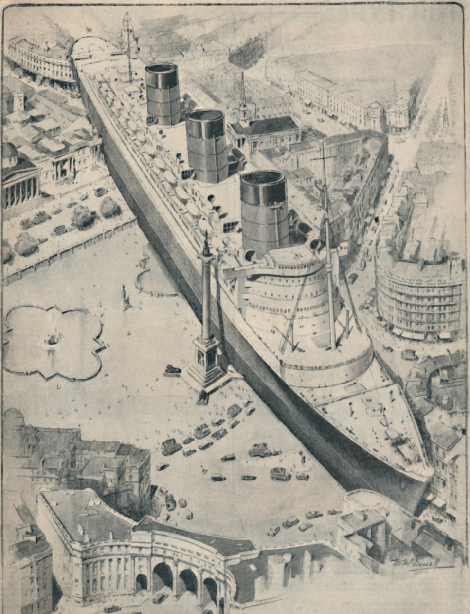 Die Queen Mary in Relation zum Trafalgar Square, London, 1936 von Unbekannt