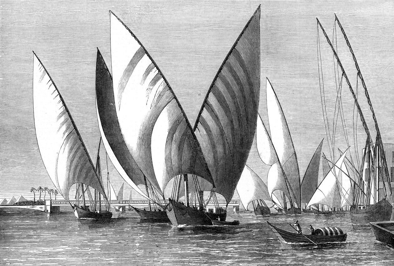Der Fluss an der Boulak-Brücke, Kairo, mit vorbeifahrenden Dahabeahs, 1874 von Unbekannt