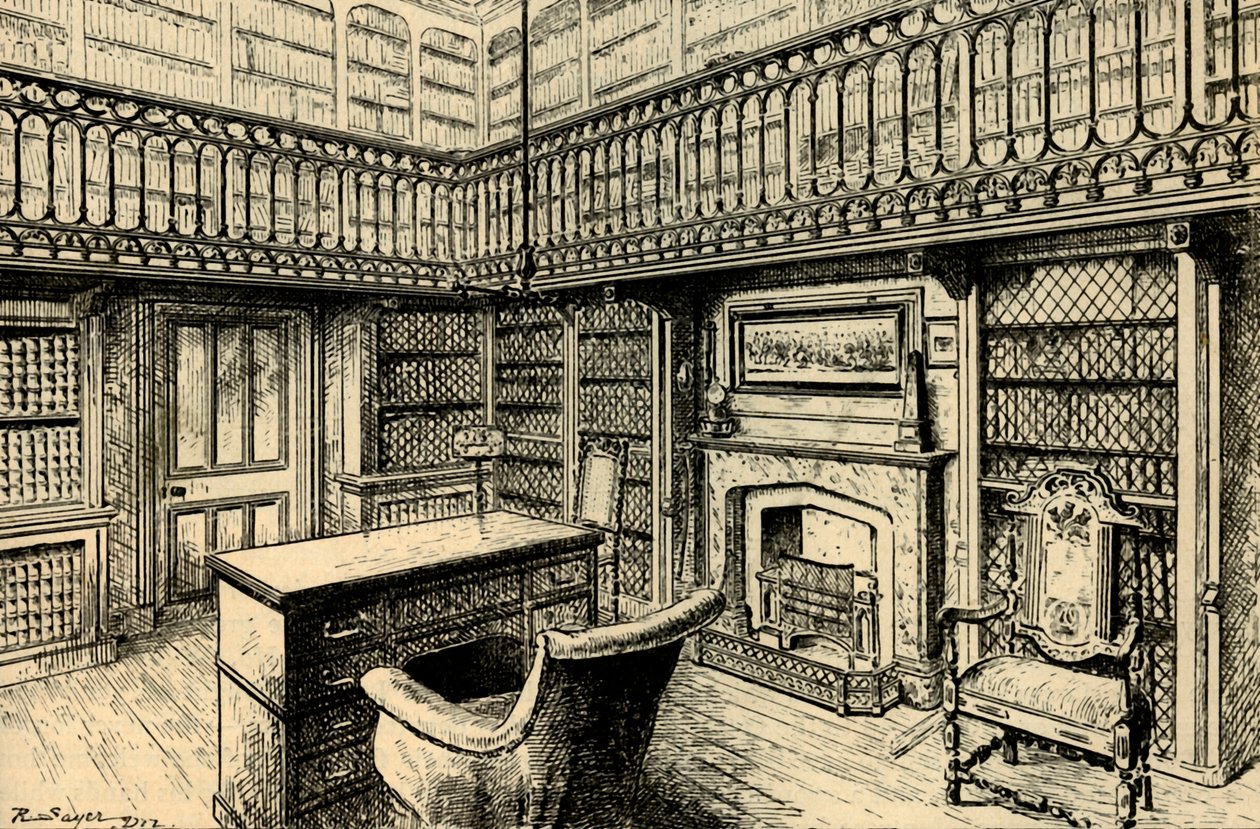 Das Arbeitszimmer in Abbotsford, zeigt Sir Walter Scotts Schreibtisch und Stuhl, 1882 von Unbekannt