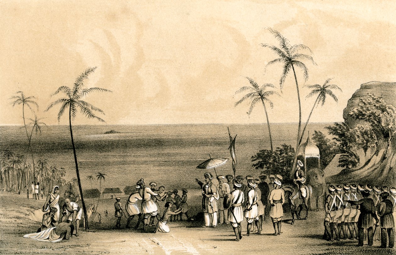Die Kaufleute von Calicut wurden auf Befehl von Tippoo Saib gefangen genommen und an einen kahlen Felsen gekettet, 1847 von Unbekannt