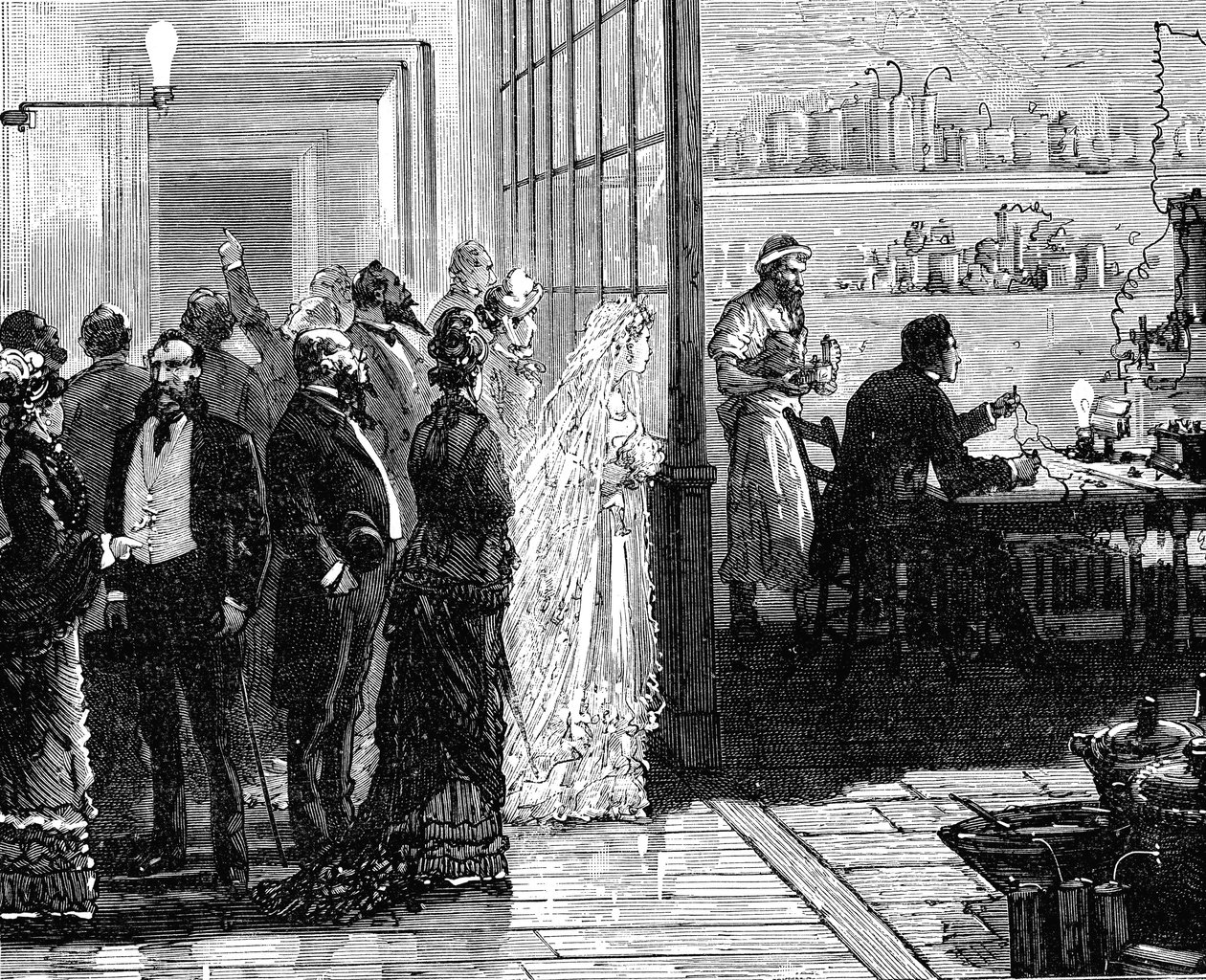 Thomas Edison experimentiert mit elektrischen Lampen an seinem Hochzeitstag, 1871 von Unbekannt