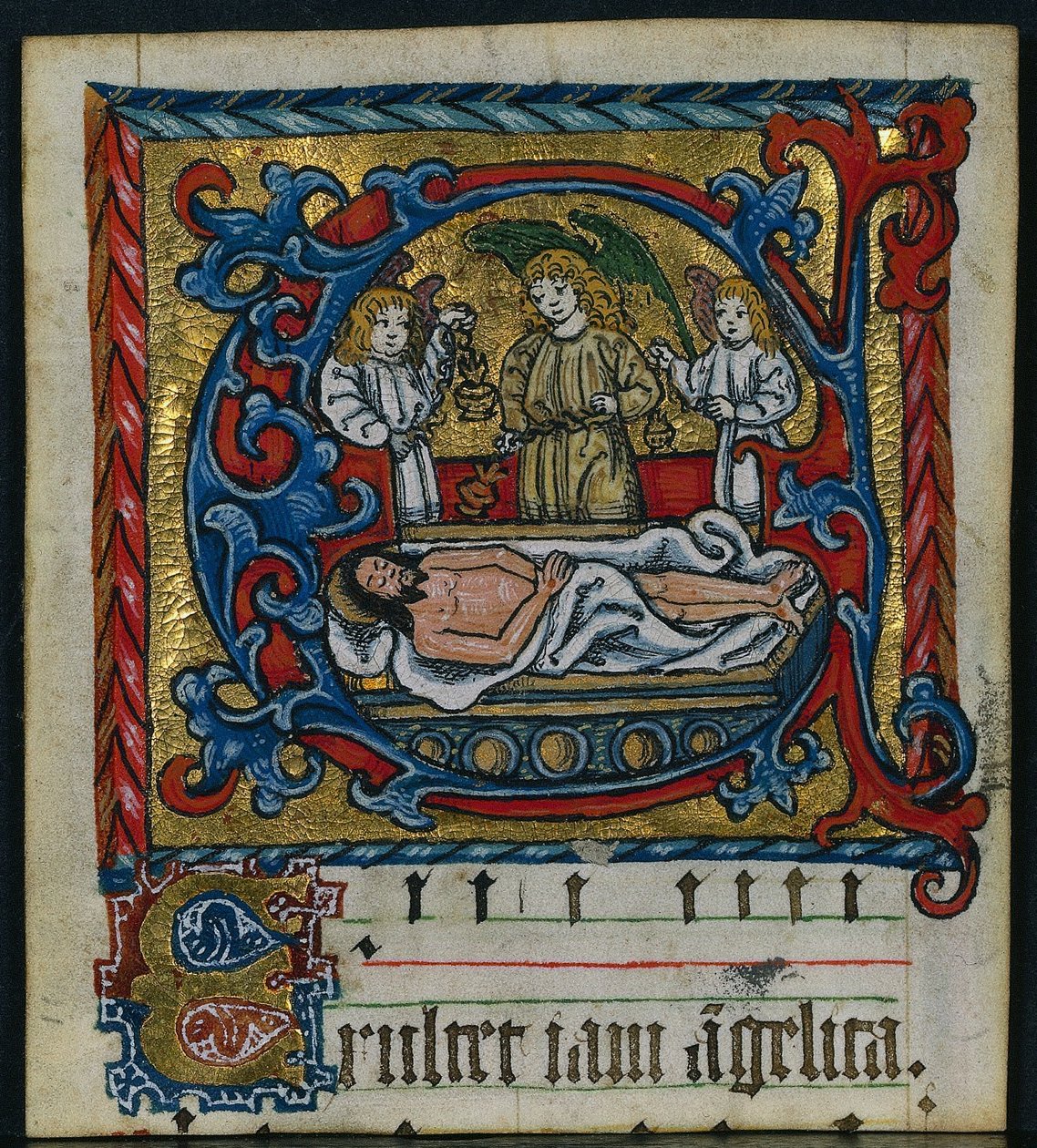 Drei Ausschnitte aus einem Missale: Initiale E mit den Engeln der Grablegung, ca. 1470-1500 von Unbekannt