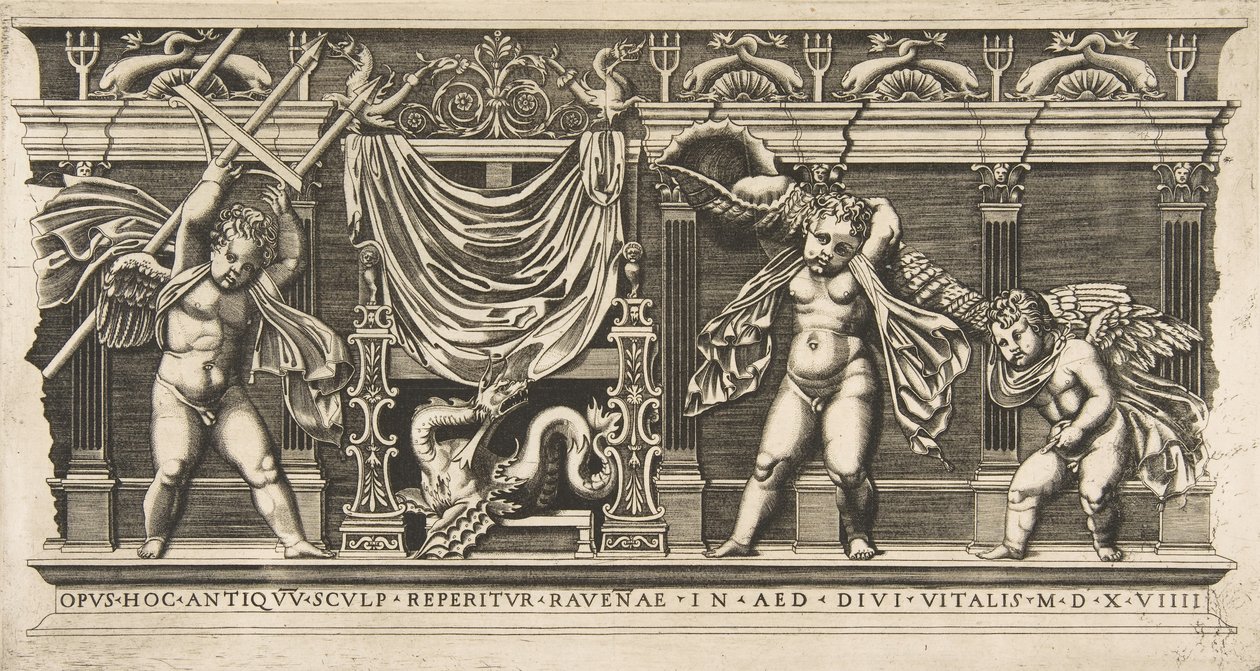 Drei Putten vor einer Fassade mit Pilastern, eine hält einen Dreizack, ca. 1515-1600 von Unbekannt