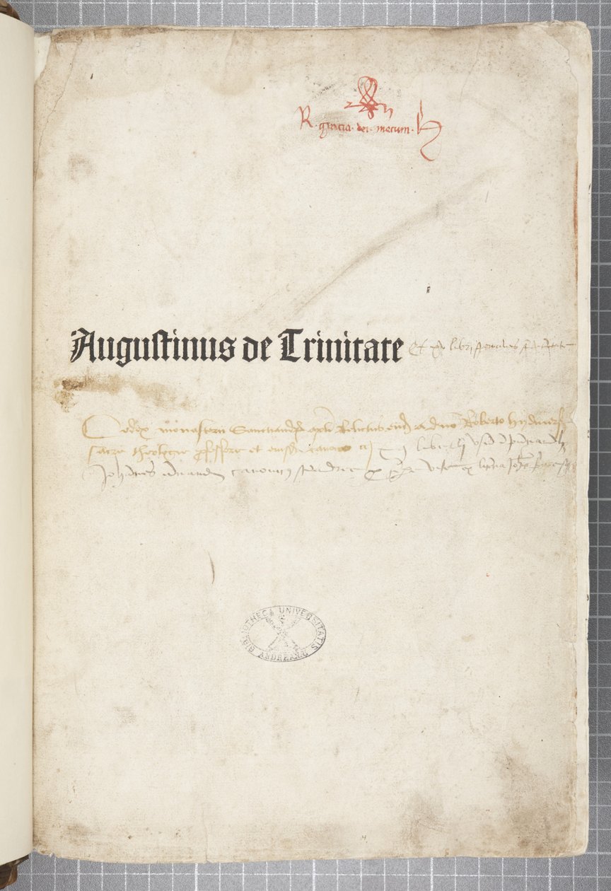 Titelseite von De trinitate und De Civitate Dei cum commento, geschrieben von Augustinus von Hippo (Feder & Tinte auf Papier) von Unbekannt