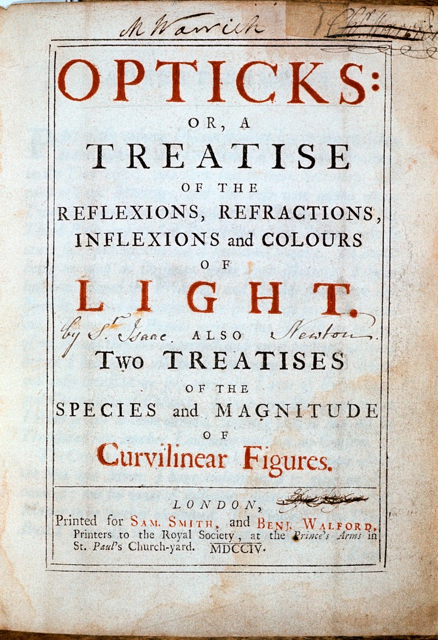 Titelseite von Opticks von dem englischen Wissenschaftler und Mathematiker Isaac Newton, 1794 von Unbekannt