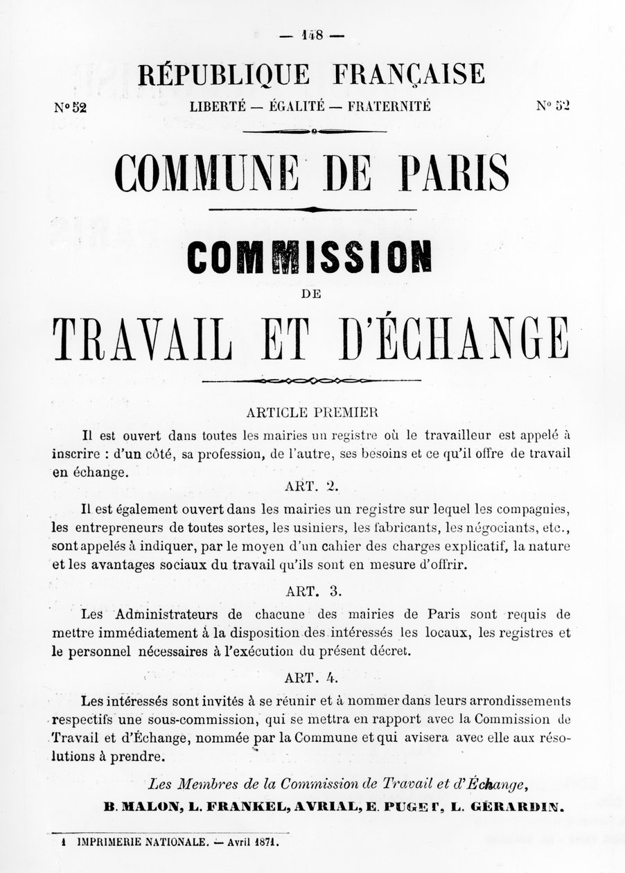 Arbeit und Austausch, aus französischen politischen Plakaten der Pariser Kommune, Mai 1871 von Unbekannt