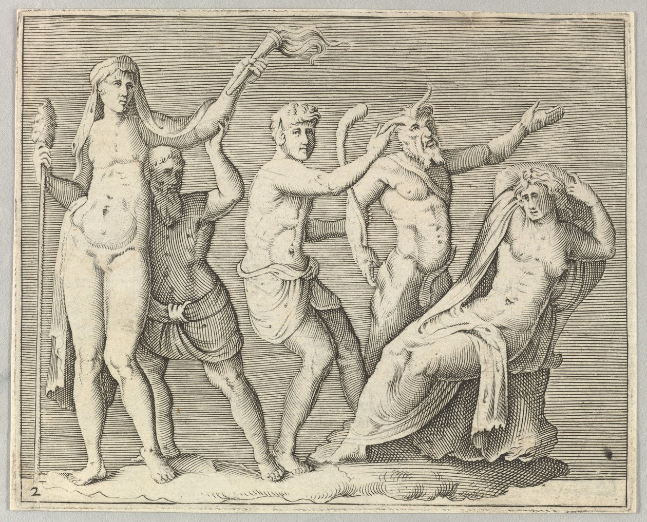 Zwei Figuren, ein Faun und ein Satyr nähern sich einer liegenden Frau, veröffentlicht ca. 1599-1622 von Unbekannt
