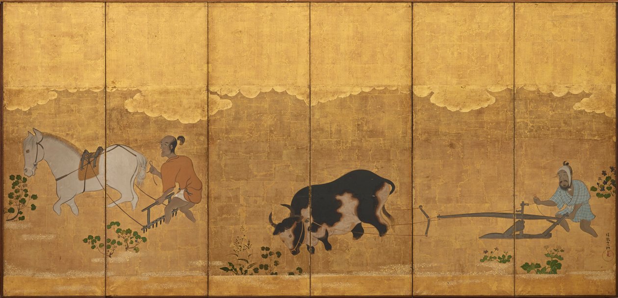 Zwei Bauern pflügen und eggen ein Reisfeld, Edo-Periode, 1615-1868 von Unbekannt
