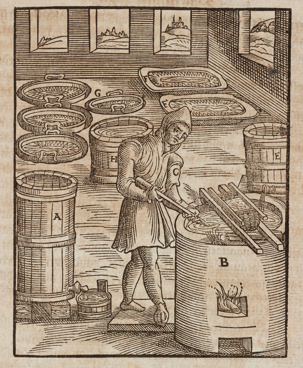 Ein Mann testet Salpeter, verwendet in Schießpulver und zur Konservierung von Fleisch - Gravur aus Beschreibung der Erze und der wichtigsten Bergbaumethoden, von Lazarus Ecker von Unbekannt