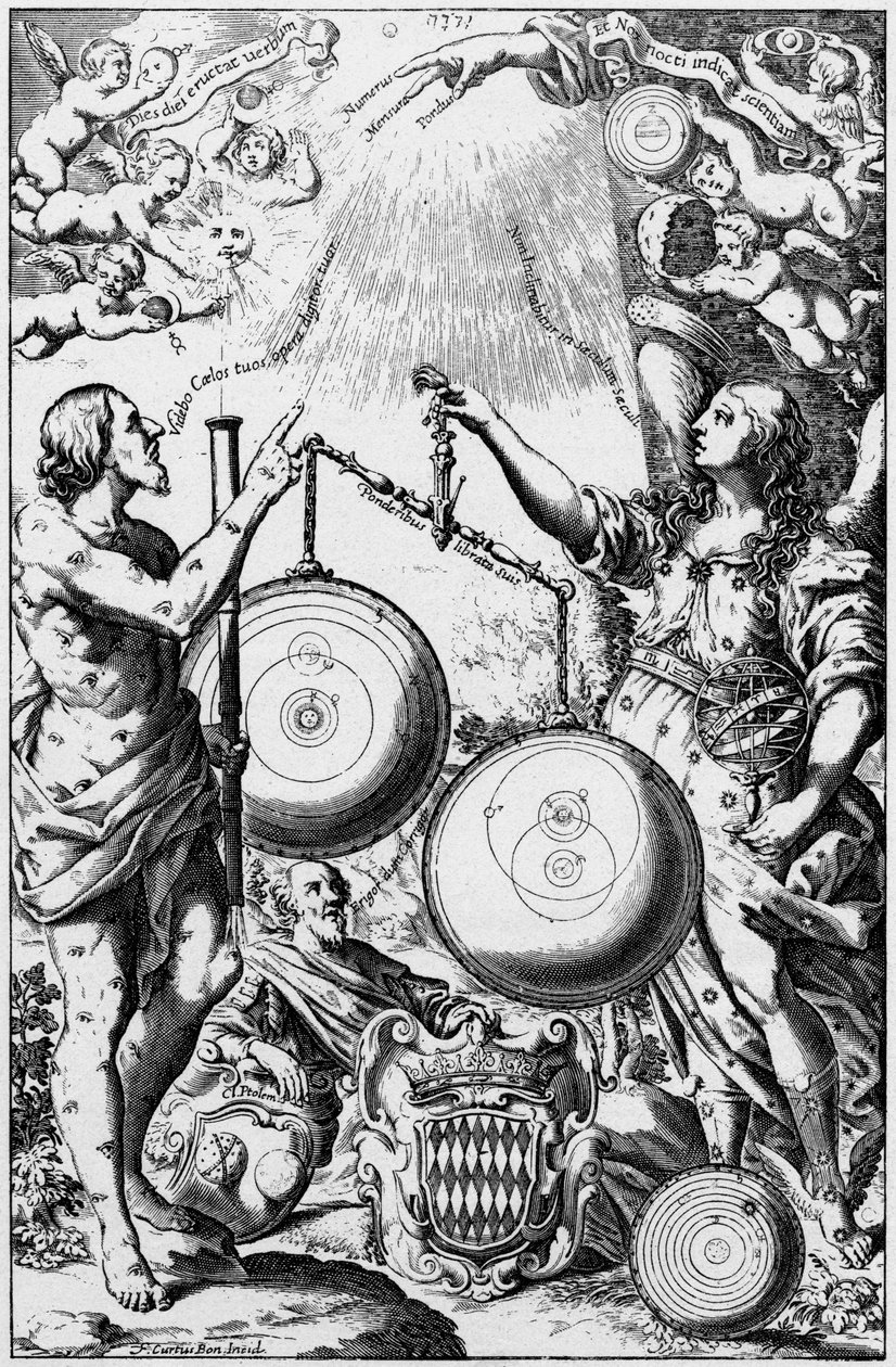 Urania, die Muse der Astronomie, wiegt und vergleicht Systeme des Universums von Unbekannt