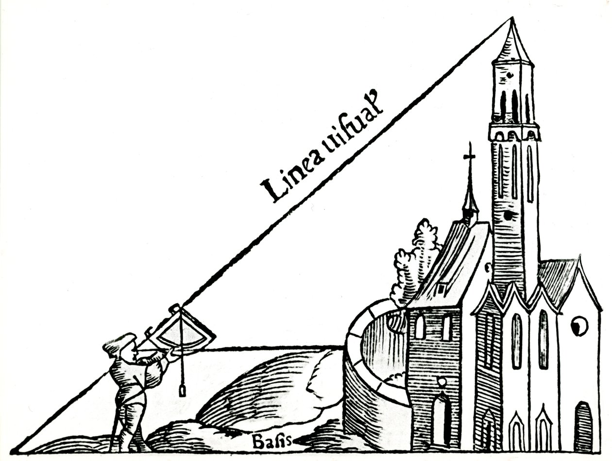 Verwendung eines Quadranten mit einem Senklot zur Berechnung der Höhe eines Turms durch Triangulation, 1551 von Unbekannt
