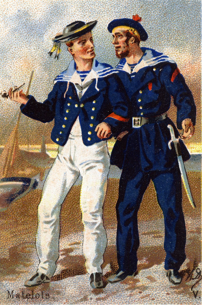 V: Seeleute. Gravur in "Militäralphabet". Initialen des Illustrators: A. D. Unbekannter Herausgeber. Chromolithographien Ende des 19. Jahrhunderts. Dim: 10,5x7cm von Unbekannt