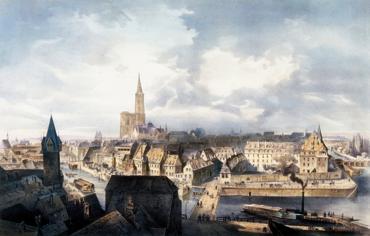 Ansicht von Straßburg (Frankreich) vom Turm Saint Guillaume. Lithographie in Farben. von Unbekannt