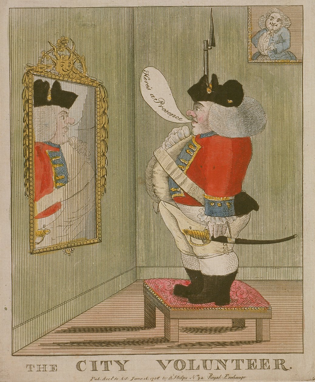 Ansicht eines beleibten Stadtfreiwilligen, der sich im Spiegel bewundert, 1785 von Unbekannt