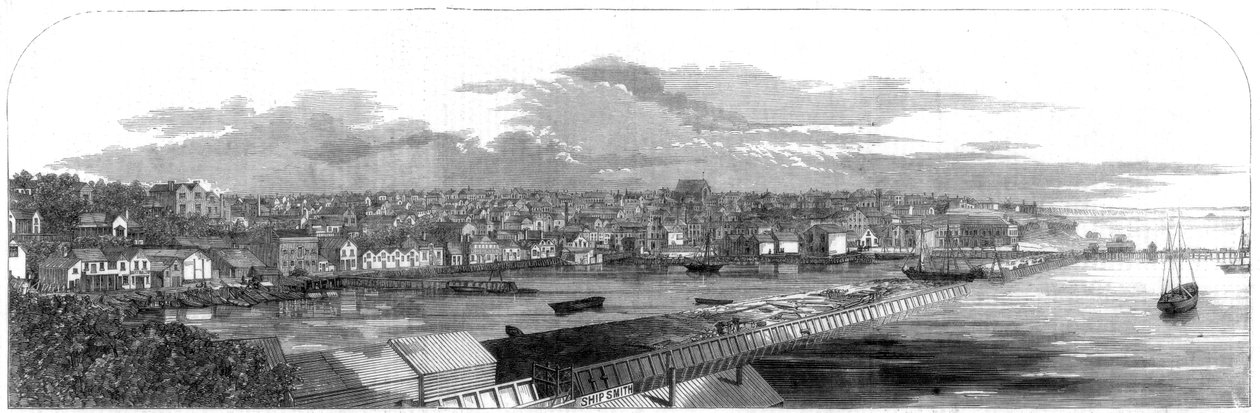 Ansicht der Stadt Auckland, Neuseeland, mit dem neuen Handelshafen, 1860 von Unbekannt