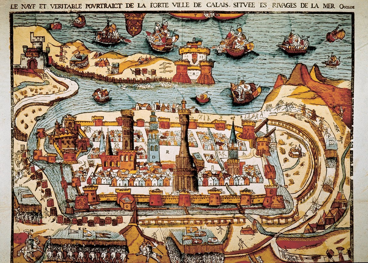 Ansicht der Stadt Calais im Jahr 1538. Xylographie. von Unbekannt