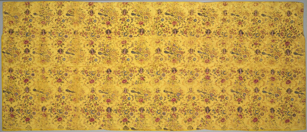 Wandverkleidung mit Flora, Pfauen und Porträtmedaillons, 1800er von Unbekannt