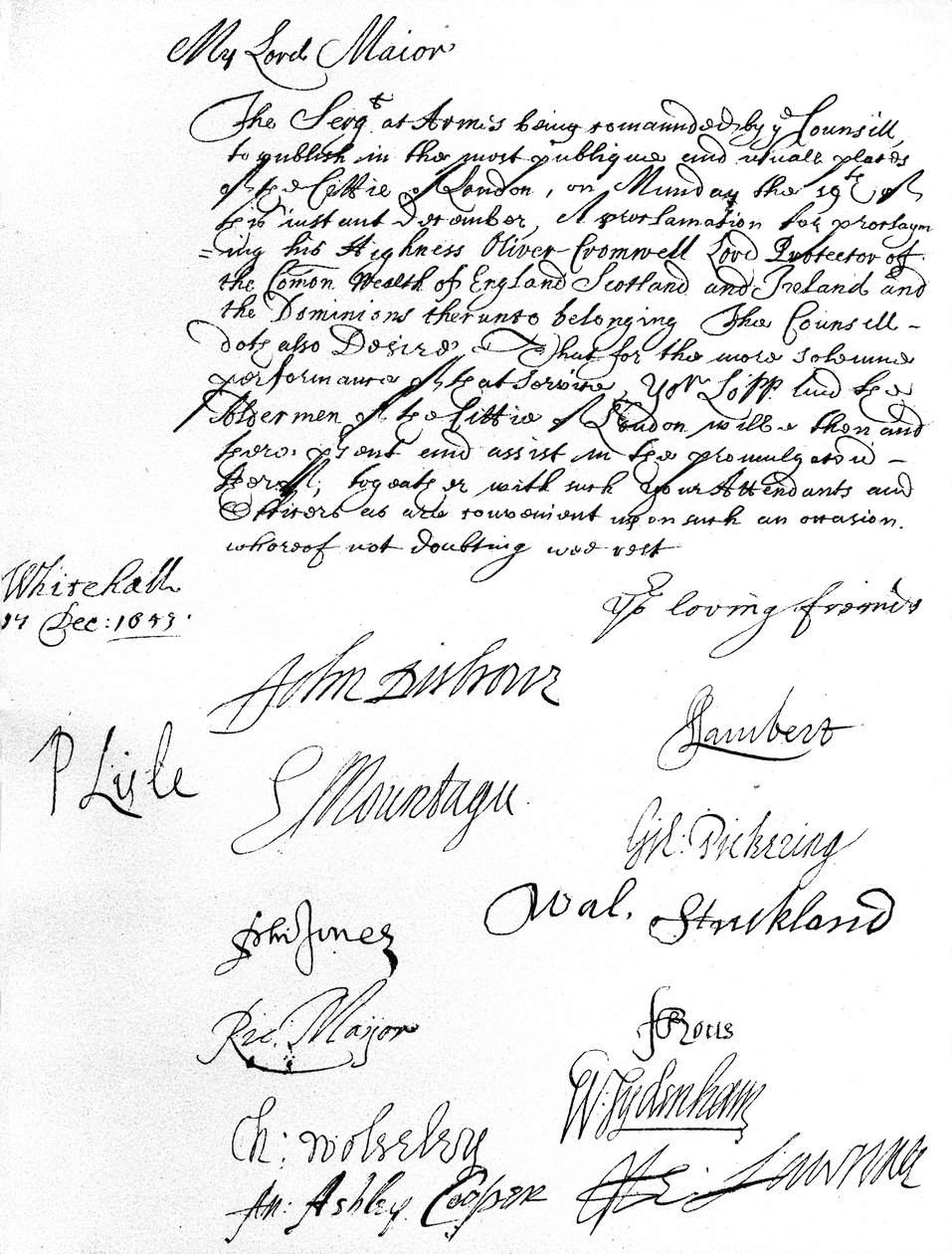 Befehl des Staatsrates an den Lord Mayor von London, ihn und die Aldermen zu bitten, der Proklamation von Oliver Cromwell als Lord Protector des Commonwealth von England, Schottland, Irland und den Dominions am 19. Dezember beizuwohnen von Unbekannt