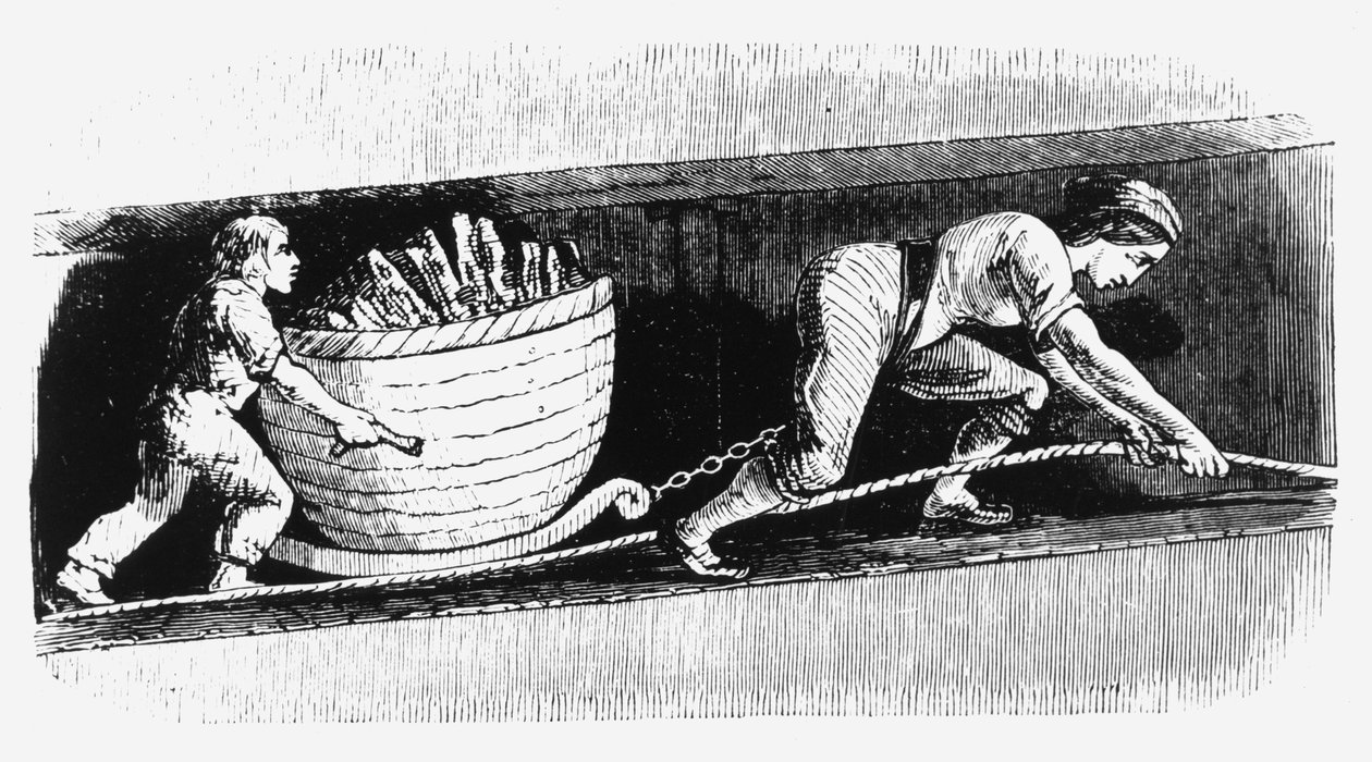 Frau und Junge zeichnen eine Lore mit 3-4 Zentnern Kohle, Bolton, Lancashire, 1848 von Unbekannt